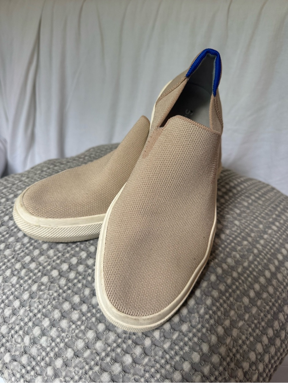 Rothy's Slip-On Sneakers in Beige with Blue Pull Tab